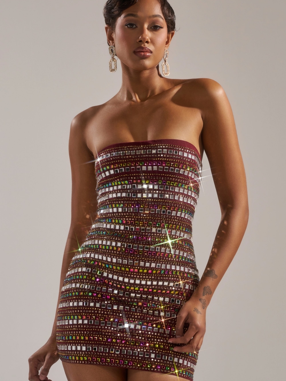 AKIRA Burgundy Crystal Mini Dress with Multicolor Jewels - Picture 6 of 7